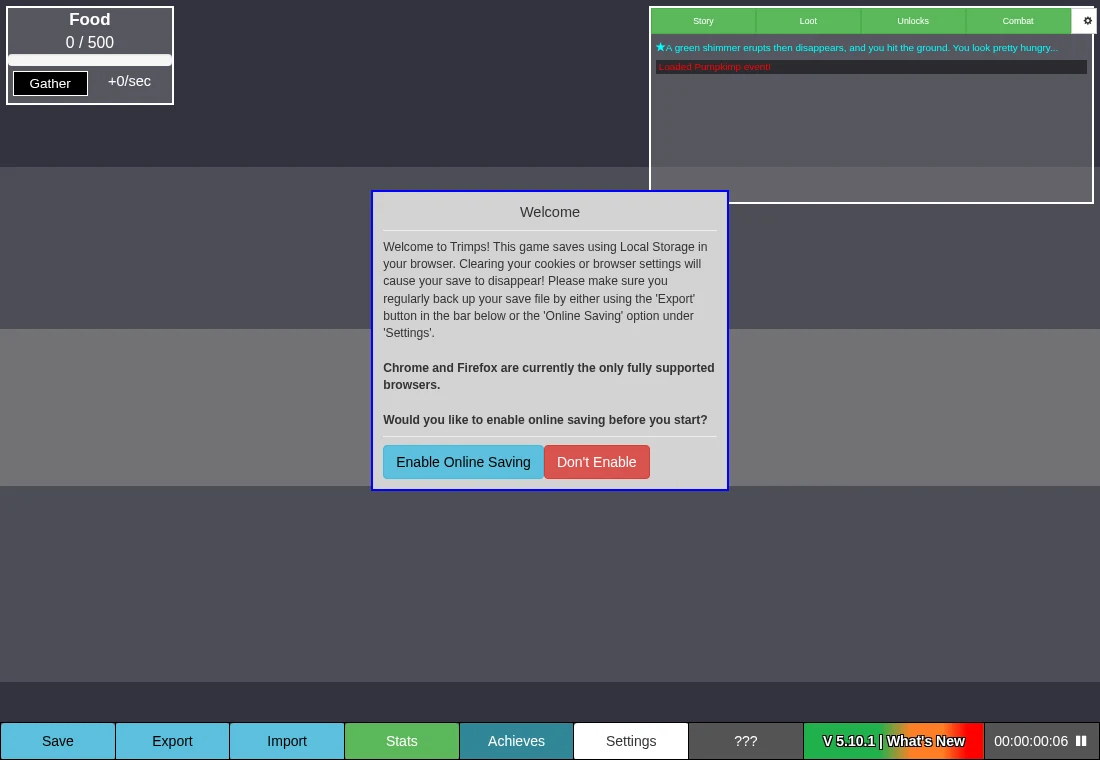 Trimps’ actual opening interface explaining local saves and exports.